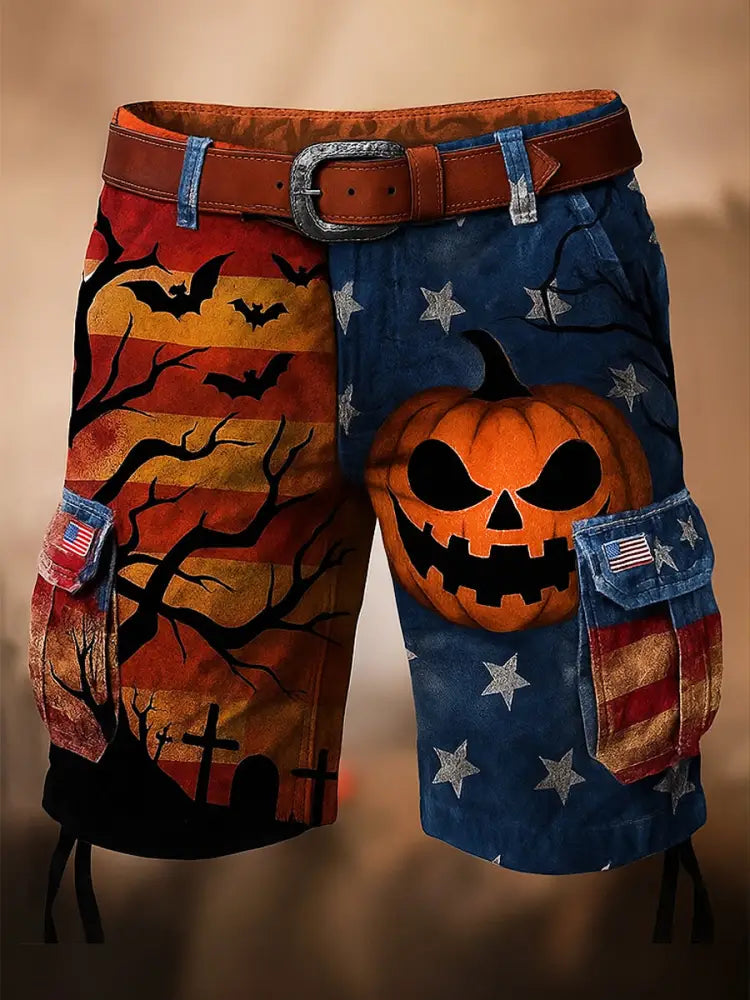 Retro Skull Art Printed Texture Drawstring Pocket Casual Cargo Shorts A / S