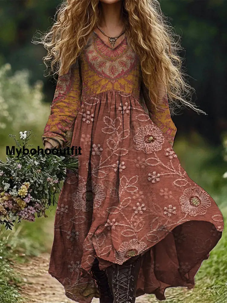 Retro Spring Boho Floral Printed V-Neck Vintage Loose Long Sleeves Midi Dress A / S