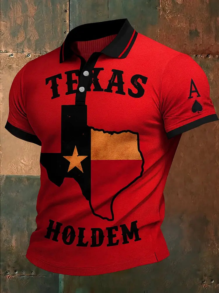 Retro Texas Hold’em Poker Map Printed Waffle Texture Athletic V-Neck Short Sleeves Polo Shirt A / S