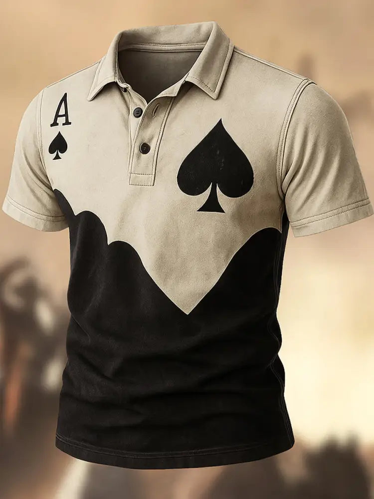 Retro Texas Hold’em Poker Printed Vintage Texture V-Neck Short Sleeves Polo-Shirt A / S