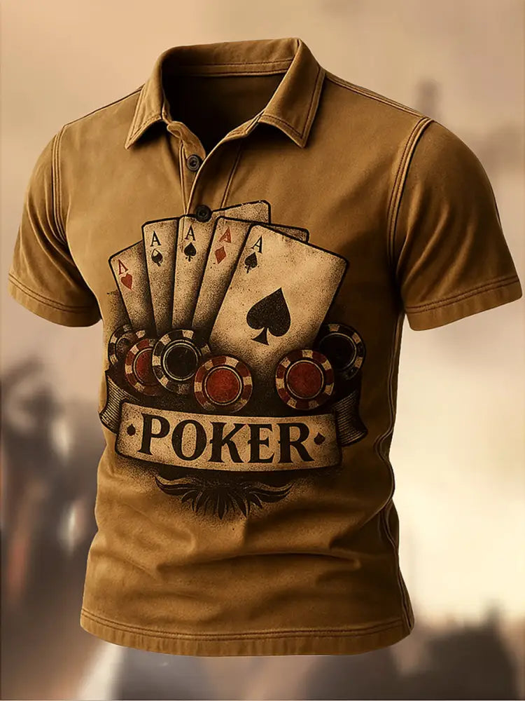 Retro Texas Hold’em Poker Printed Vintage Texture V-Neck Short Sleeves Polo-Shirt A / S