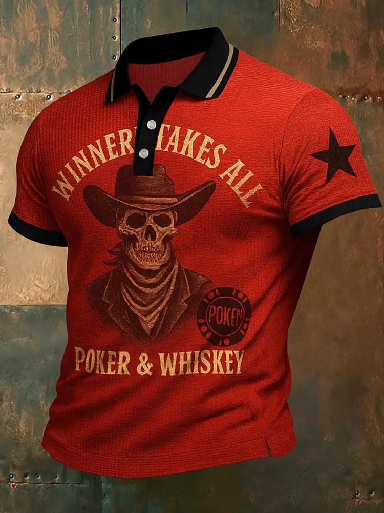 Retro Western Texas Hold’em Printed Waffle Texture Athletic V-Neck Short Sleeves Polo Shirt A / S
