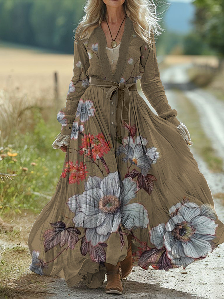 Retro Boho Floral Art Print Vintage Chic Waist Strap V-Neck Cotton Long Sleeve Midi Dress