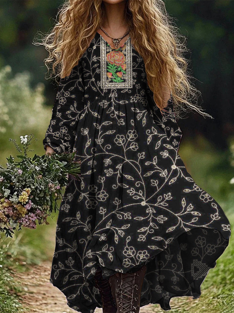 Retro Boho Floral Botany Print Vintage Chic V-Neck Cotton Long Sleeve Midi Dress
