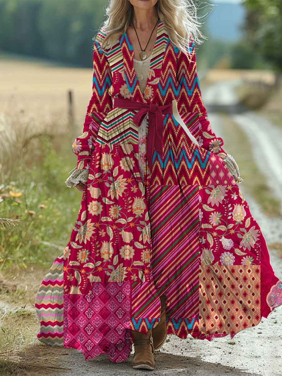 Retro Boho Floral Art Print Vintage Chic Waist Strap V-Neck Cotton Long Sleeve Midi Dress