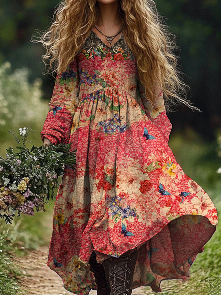 Retro Boho Floral Botany Print Vintage Chic V-Neck Cotton Long Sleeve Midi Dress