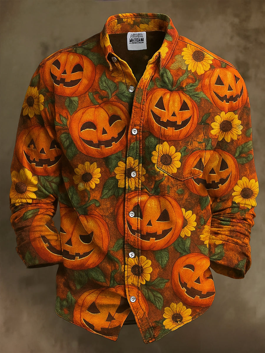 Retro Halloween Gothic Art Abstract Printed Cotton Vintage Casual 100% Cotton Long Sleeve Shirt