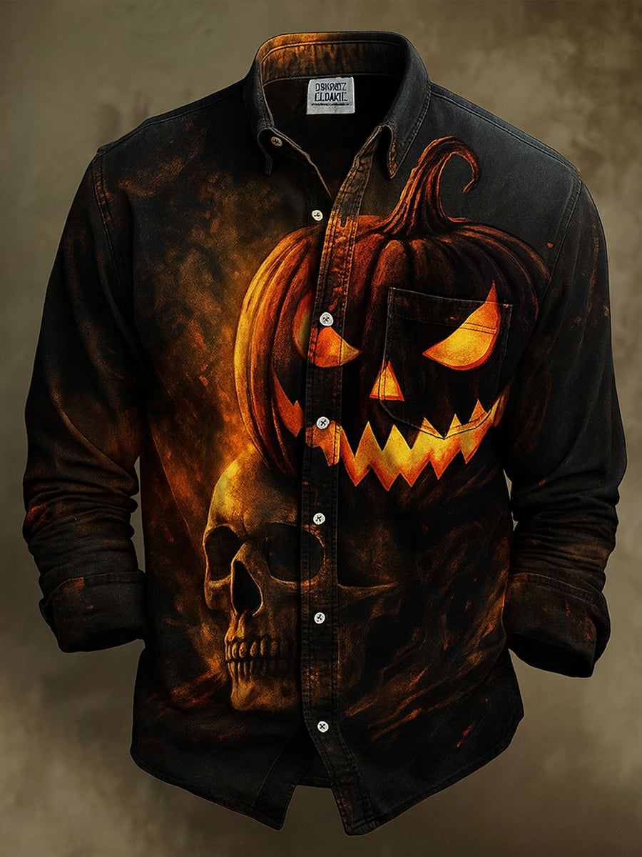 Retro Halloween Gothic Art Abstract Printed Cotton Vintage Casual 100% Cotton Long Sleeve Shirt
