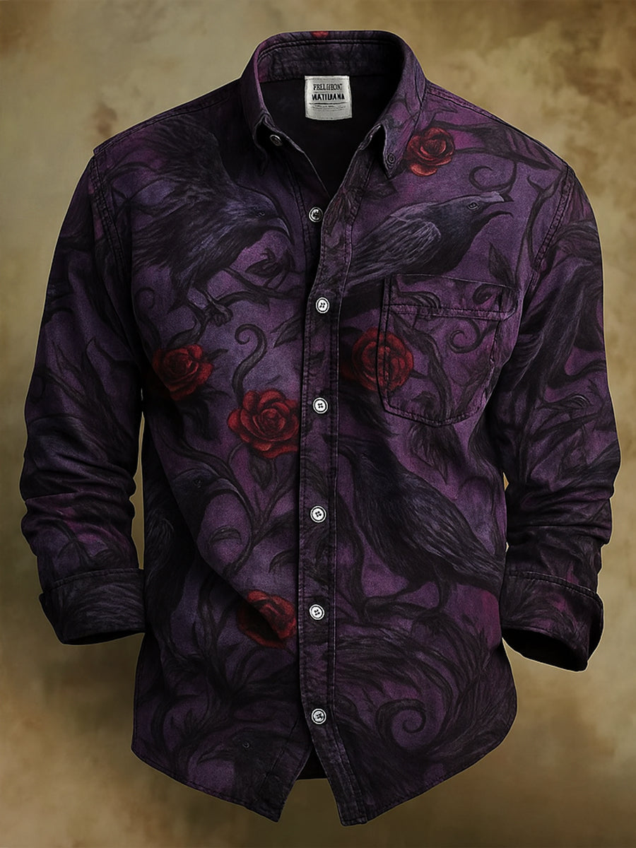 Retro Halloween Gothic Art Abstract Printed Cotton Vintage Casual 100% Cotton Long Sleeve Shirt
