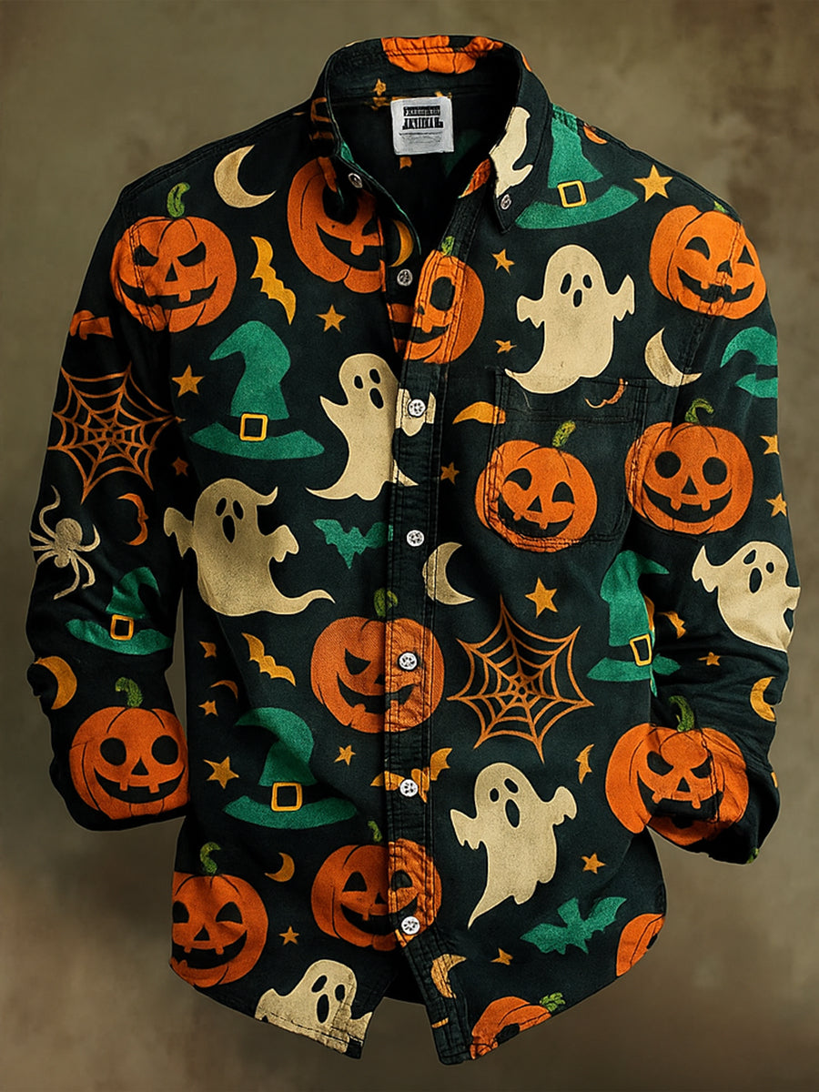 Retro Halloween Gothic Art Abstract Printed Cotton Vintage Casual 100% Cotton Long Sleeve Shirt