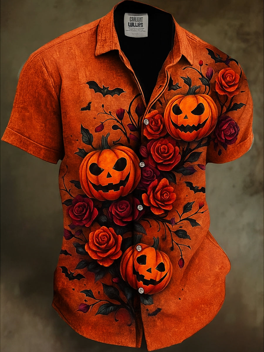 Retro Halloween Gothic Art Abstract Printed Cotton Vintage Casual 100% Cotton Short Sleeve Shirt