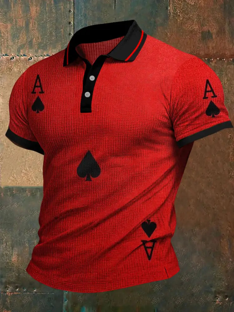 Texas Hold’em Poker Black Spades Printed Waffle Texture Athletic V-Neck Short Sleeves Polo Shirt A / S