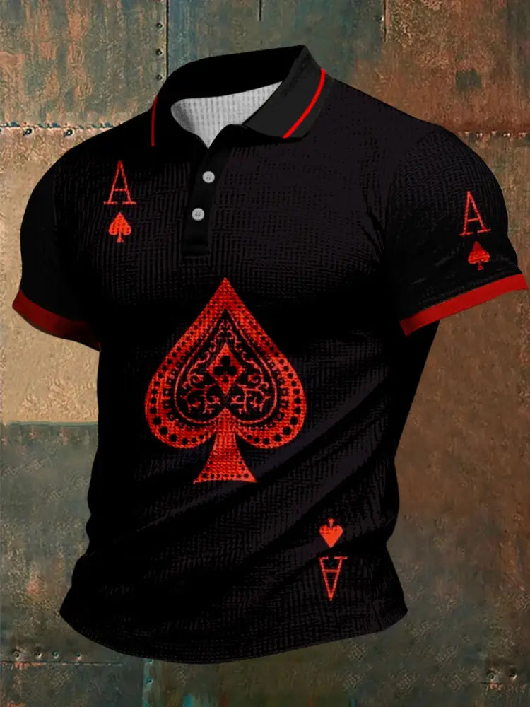 Texas Hold’Em Poker Graphic Printed Waffle Texture Athletic V-Neck Short Sleeves Polo Shirt A / S