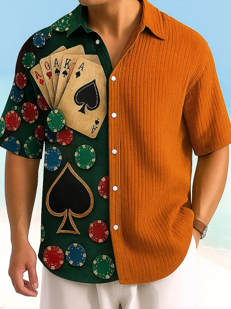 Texas Hold’em Poker Printed Retro Casual Texture Athletic V-Neck Short Sleeves Shir A / S