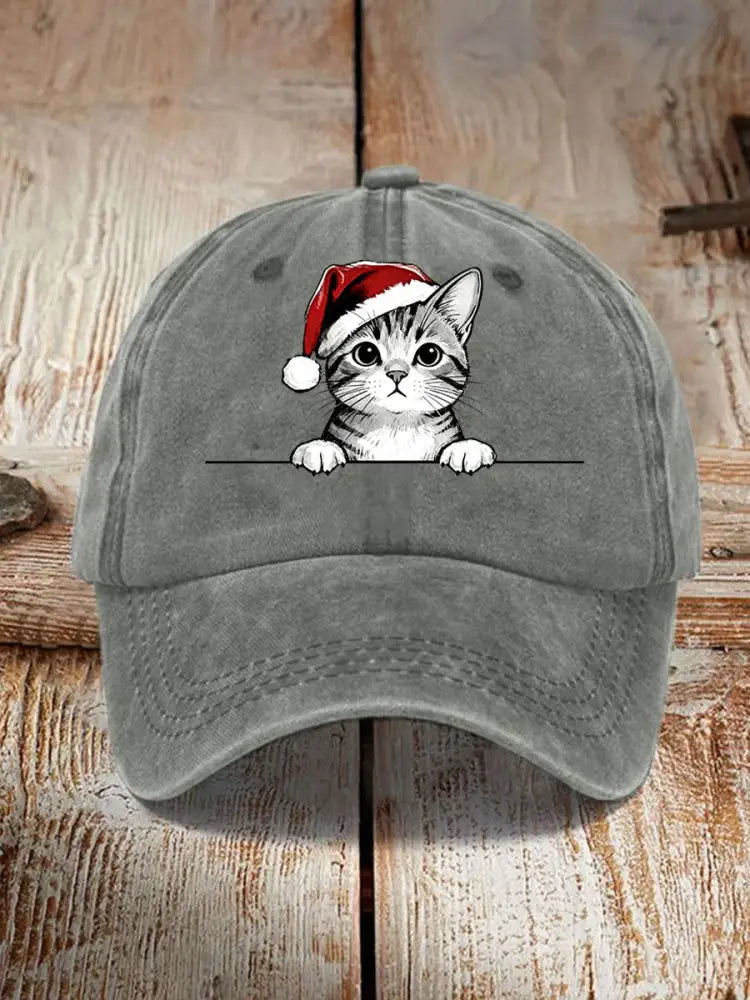 Unisex Christmas Hat Cat Print Hat Gray / ONE