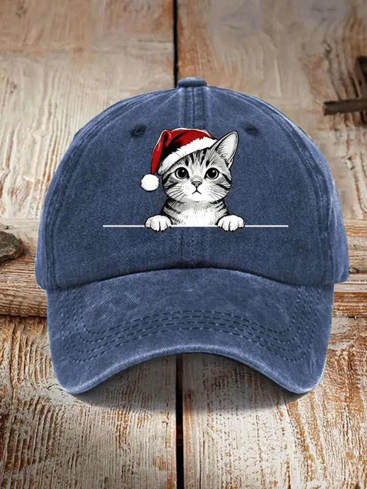 Unisex Christmas Hat Cat Print Hat Navy Blue / ONE