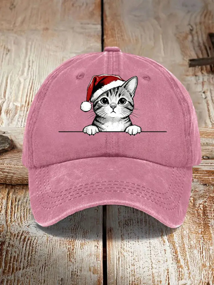 Unisex Christmas Hat Cat Print Hat Pink / ONE