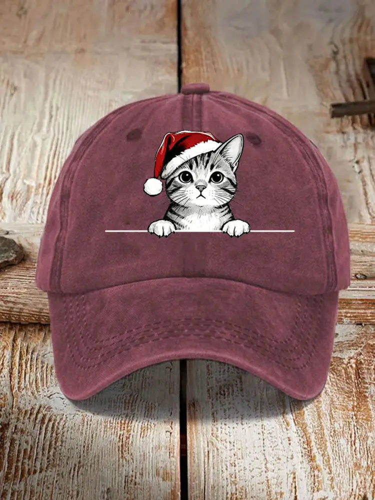 Unisex Christmas Hat Cat Print Hat Wine Red / ONE