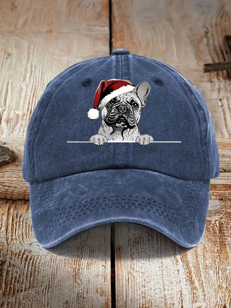 Unisex Christmas Hat Pug Print Hat Navy Blue / ONE