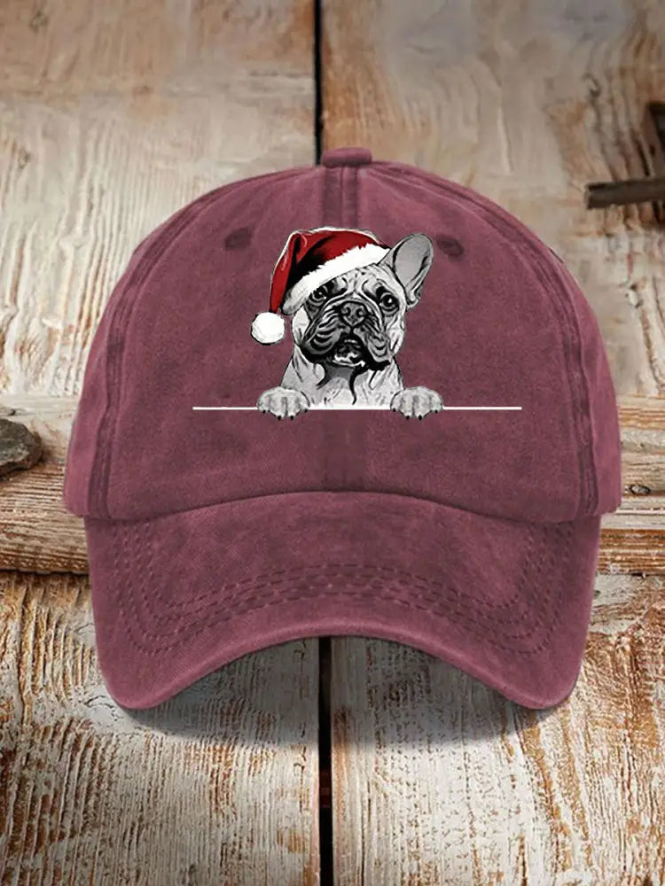 Unisex Christmas Hat Pug Print Hat Wine Red / ONE