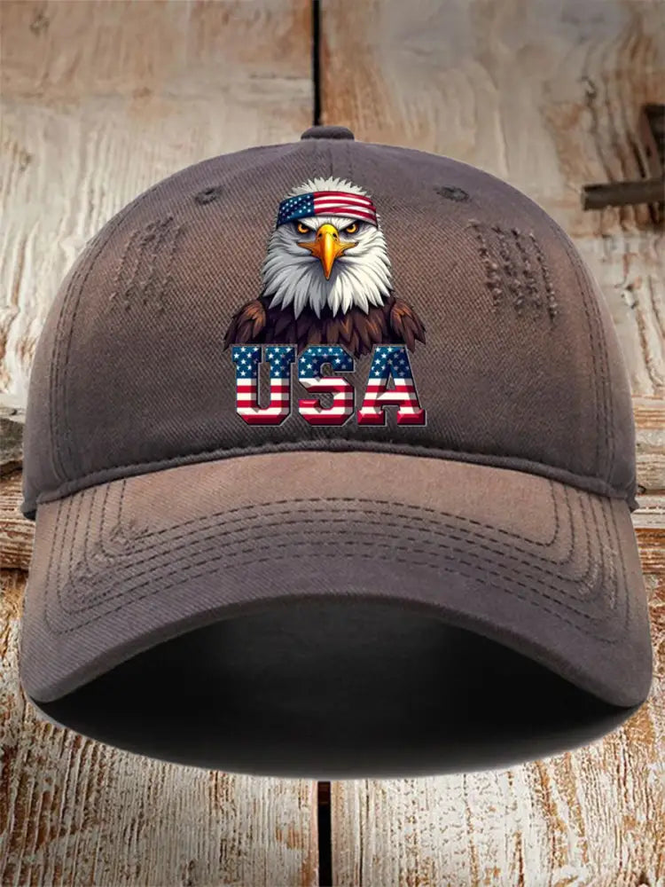 Unisex USA Flag Bald Eagle Print Hat Gray / JM