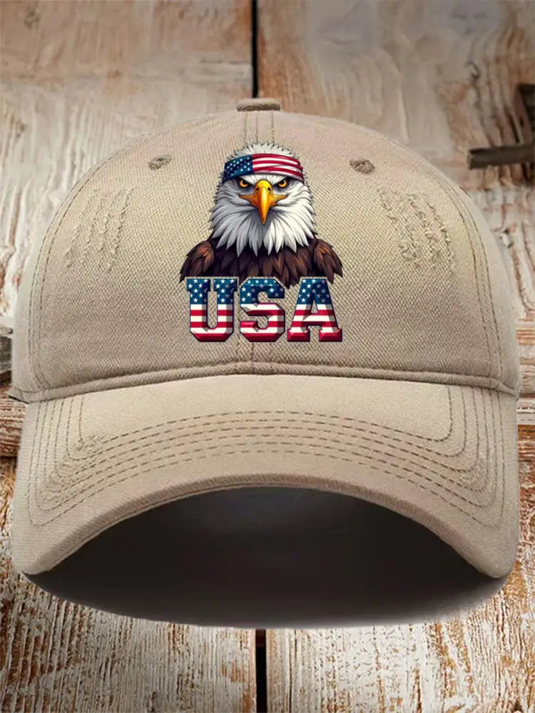 Unisex USA Flag Bald Eagle Print Hat Khaki / JM