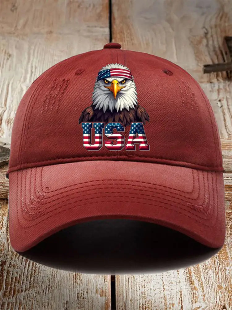 Unisex USA Flag Bald Eagle Print Hat Red / JM