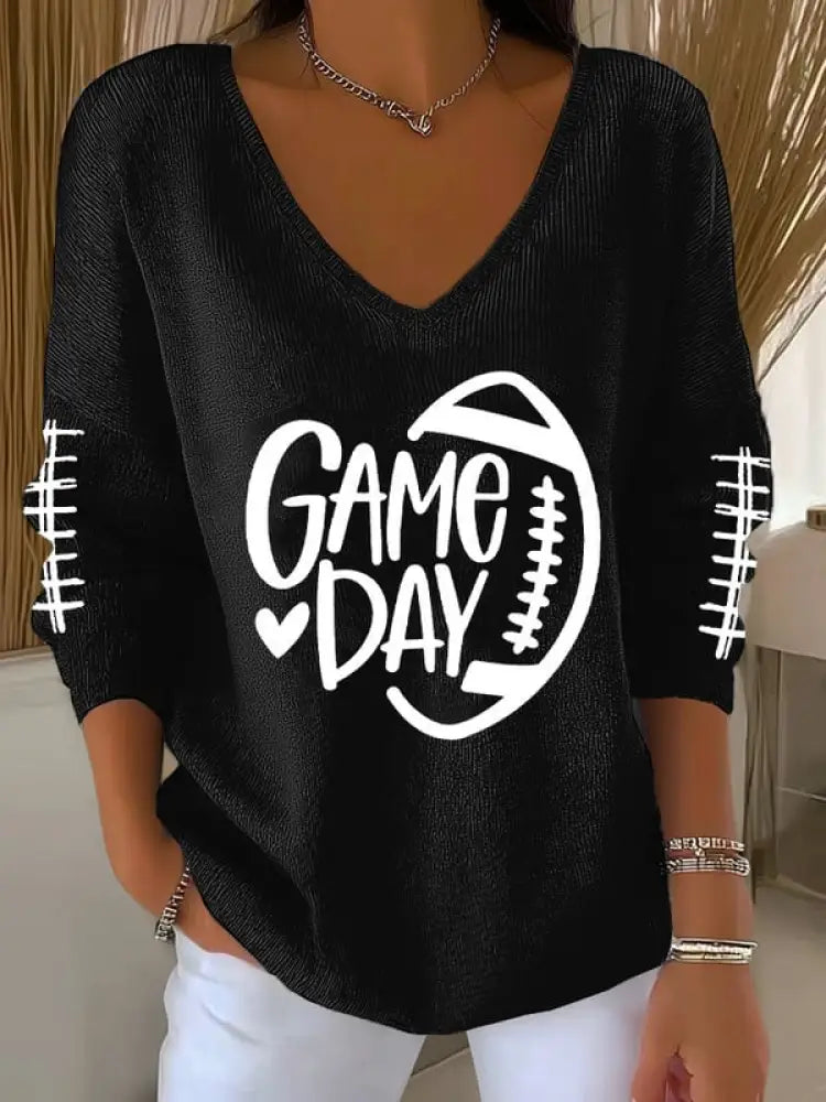 V Neck Football Fans Lovers Gameday Casual Ribbed Top Black / S