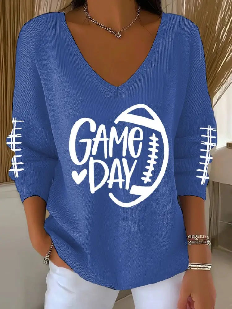 V Neck Football Fans Lovers Gameday Casual Ribbed Top Blue / S