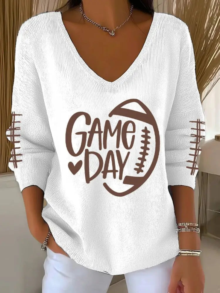 V Neck Football Fans Lovers Gameday Casual Ribbed Top White / S