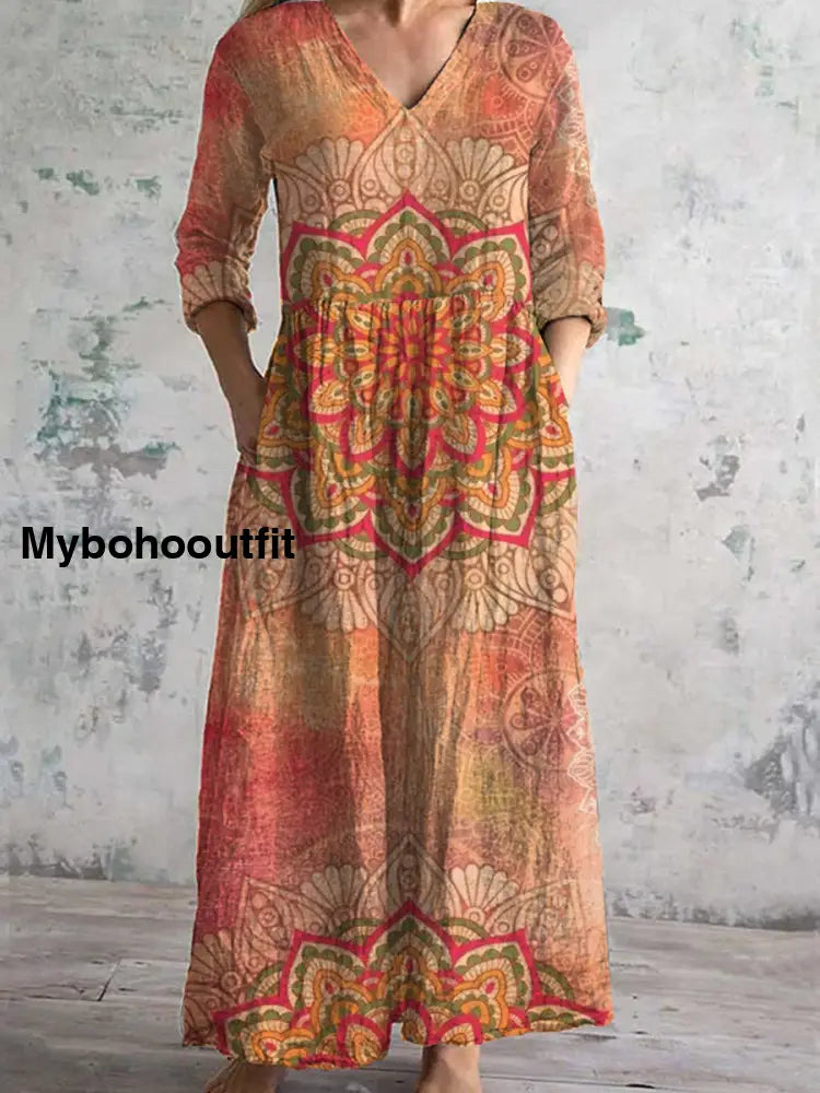 Vintage Art Print Chic V-Neck Three-Quarter Sleeve Elegant Midi Dress A / S