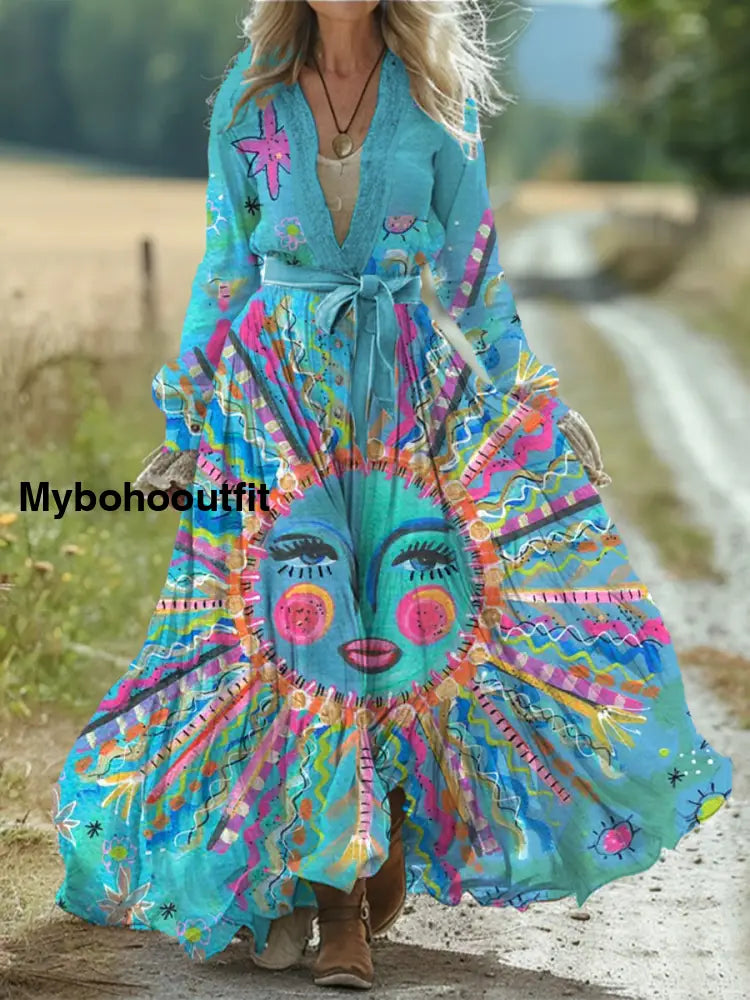 Vintage Bohemian Art Print Retro Chic Lace-up V-neck Cotton Long Sleeve Midi Dress A / S