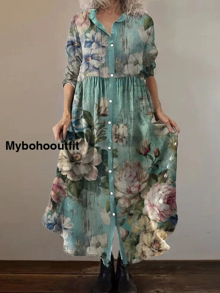 Vintage Bohemian Floral Art Print Chic V Neck Three Quarter Sleeve Button Elegant Midi Dress A / S