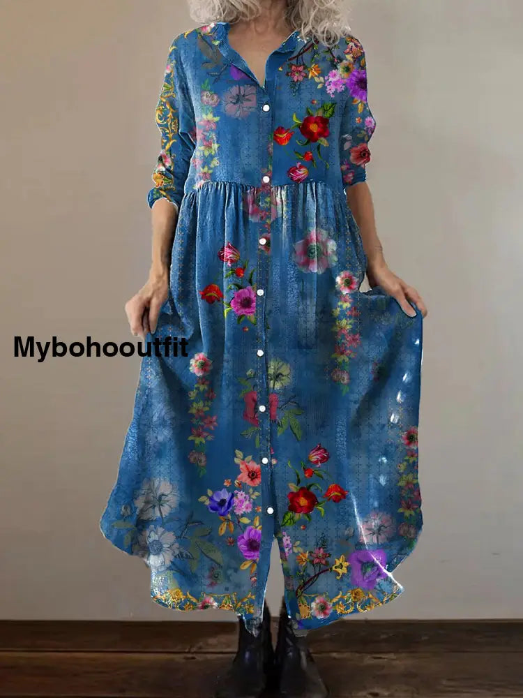 Vintage Bohemian Floral Art Print Chic V Neck Three Quarter Sleeve Button Elegant Midi Dress A / S