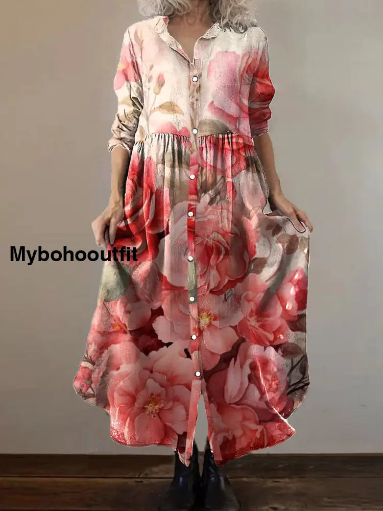Vintage Bohemian Floral Art Print Chic V Neck Three Quarter Sleeve Button Elegant Midi Dress A / S