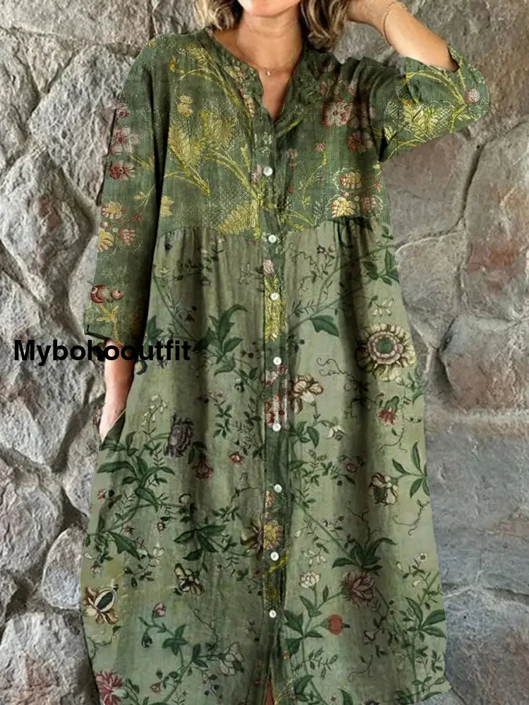 Vintage Bohemian Floral Art Print Chic V Neck Three Quarter Sleeve Button Elegant Midi Dress A / S