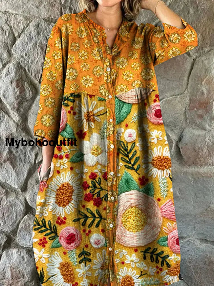 Vintage Bohemian Floral Art Print Chic V Neck Three Quarter Sleeve Button Elegant Midi Dress A / S