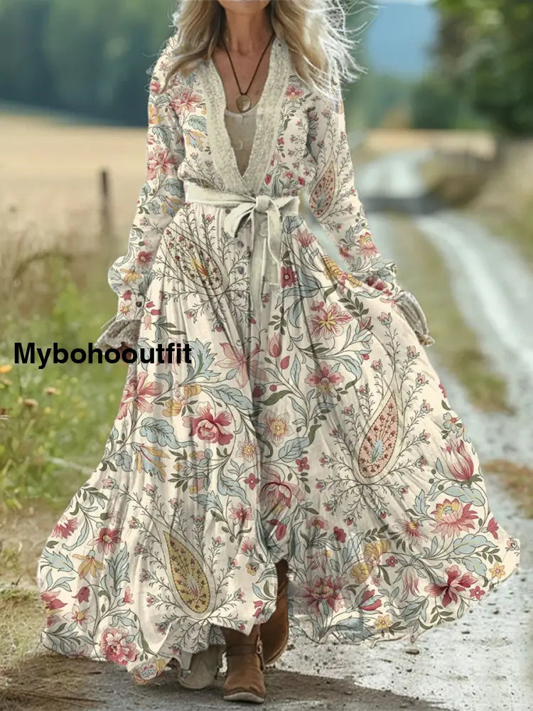 Vintage Bohemian Floral Art Print Retro Chic Lace-up V-neck Cotton Long Sleeve Midi Dress A / S
