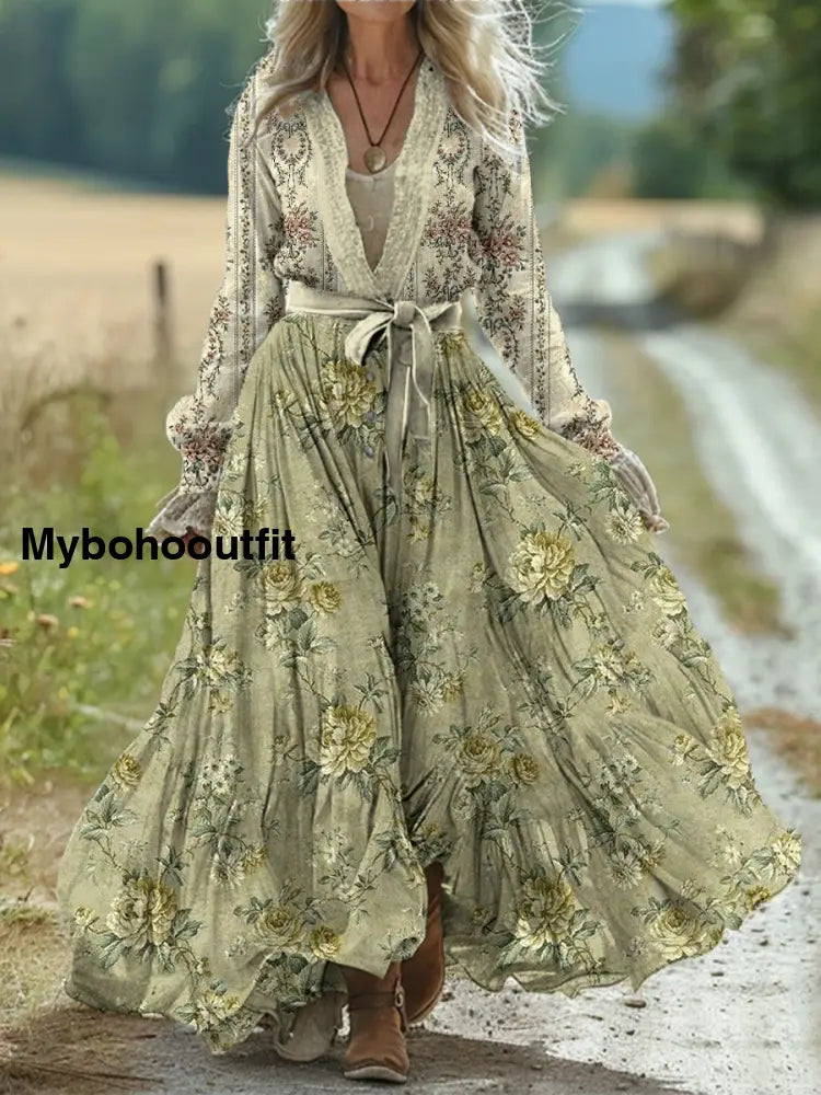 Vintage Bohemian Floral Art Print Retro Chic Lace-up V-neck Cotton Long Sleeve Midi Dress A / S