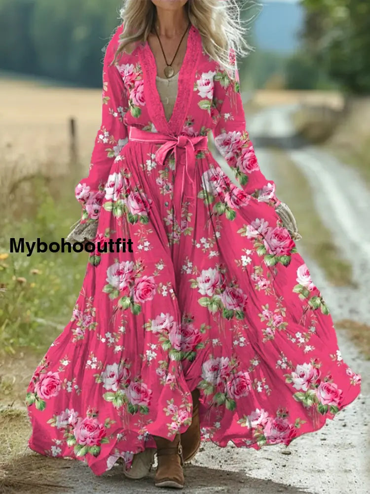 Vintage Bohemian Floral Art Print Retro Chic Lace-up V-neck Cotton Long Sleeve Midi Dress A / S