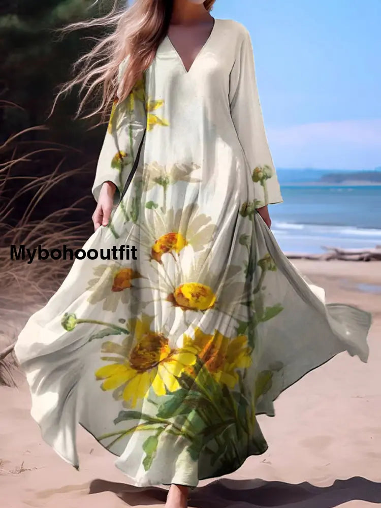 Vintage Bohemian Floral Print Vintage Chic V-Neck Cotton Long Sleeve Midi Dress A / S
