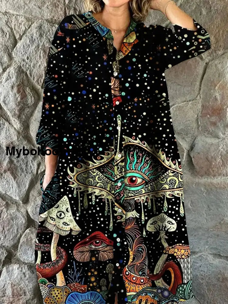 Vintage Bohemian Mushroom Floral Art Print Chic V Neck Three Quarter Sleeve Button Elegant Midi Dress A / S