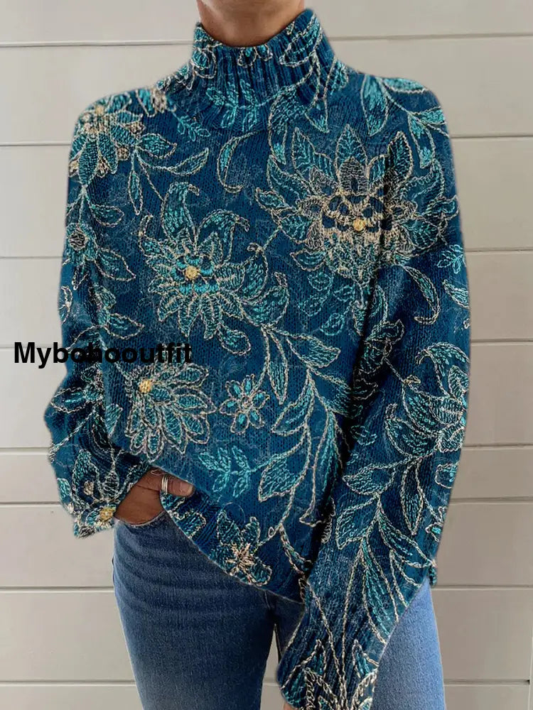 Vintage Boho Floral Patchwork Print Knit Turtleneck Pullover Long-Sleeved Sweater A / S