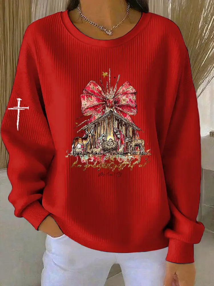 Vintage Christmas Faith Jesus Church Printed Casual Loose Long Sleeve Sweatshirt Red / S