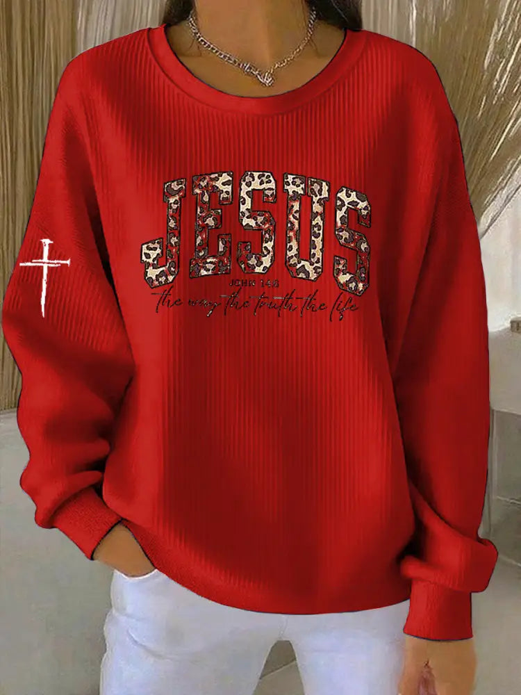 Vintage Christmas Faith Jesus Printed Casual Loose Long Sleeve Sweatshirt Red / S