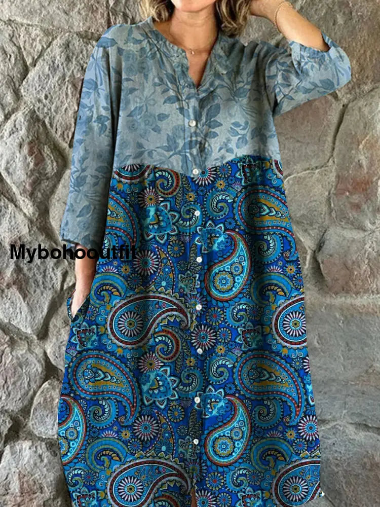 Vintage Floral Art Print Chic V-Neck Three-Quarter Sleeve Button Elegant Midi Dress A / S