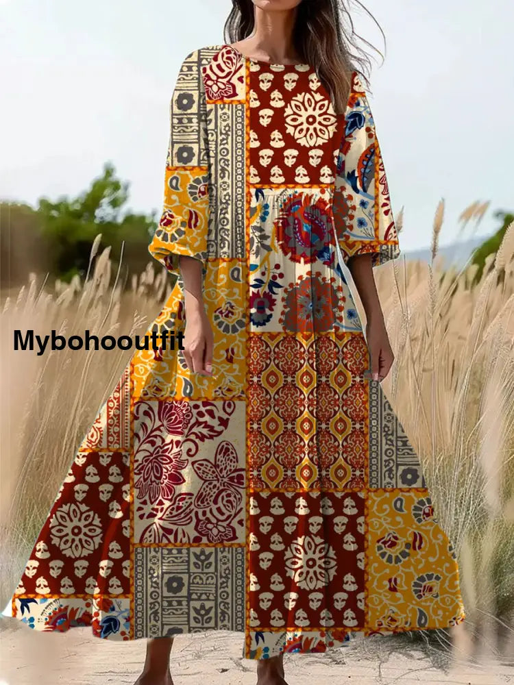Vintage Floral Art Print Round Neck Long Sleeve Midi Dress A / S