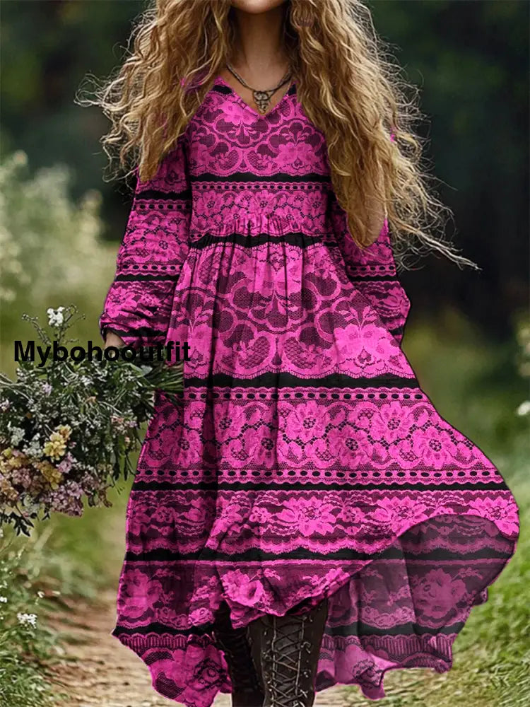 Vintage Floral Art Print V Neck Elegant Chic Loose Long Sleeve Midi Dress A / S