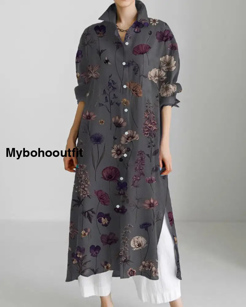 Vintage Floral Long Sleeve Slit Shirt Dress Purple / S