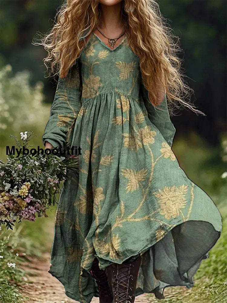 Vintage Floral Print V-Neck Elegant Chic Loose Long Sleeve Midi Dress A / S